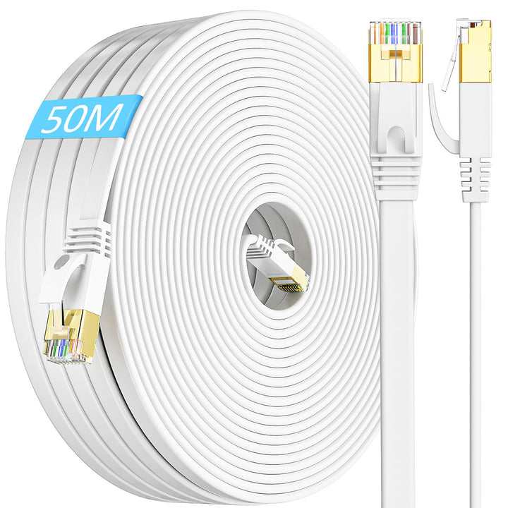 Lan Kabel 50 Meter Cat 7, Flach Wlan Kabel 50m Netzwerkkabel, Dünn High Speed Weiss Ethernet Kabel W