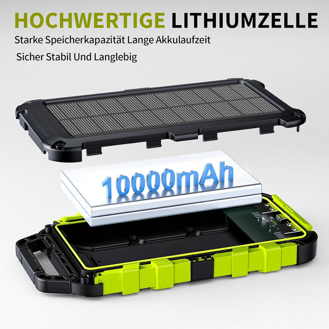 Solar Powerbank 10000mAh PD 22,5W Tragbares Solar Ladegerät USB C Outdoor Wasserdicht Externer Akku