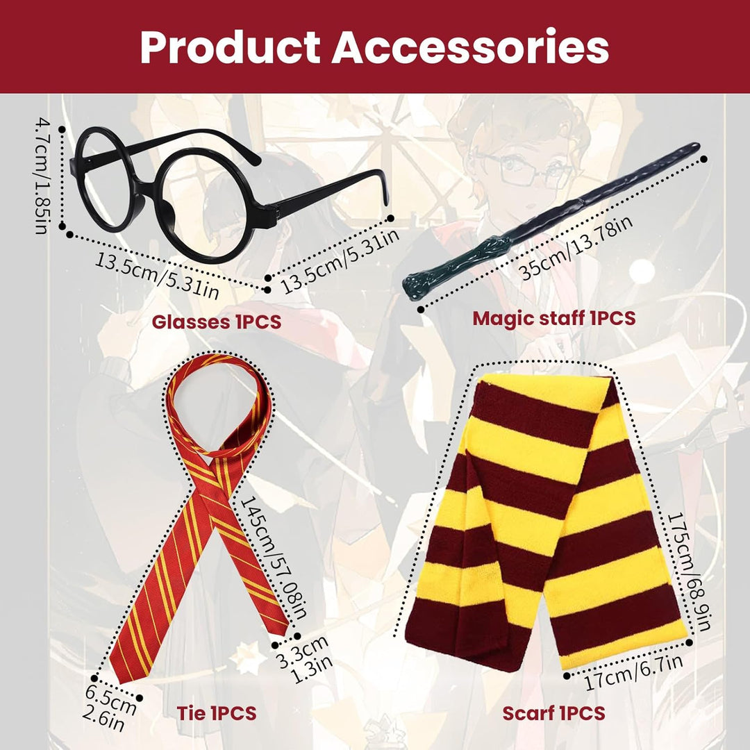 Magic Robe, Umhang,4PCS Zauberer Cosplay Kostüm für Erwachsene,with Cape,Magic Wand,Glasses,Scarf,Ti