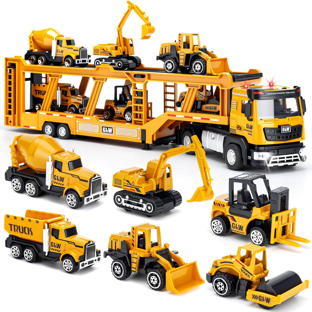 Naxudcoo Baufahrzeug Spielzeug für Kinder, LKW Spielzeugset mit Bagger, Autotransporter, Bulldozer,