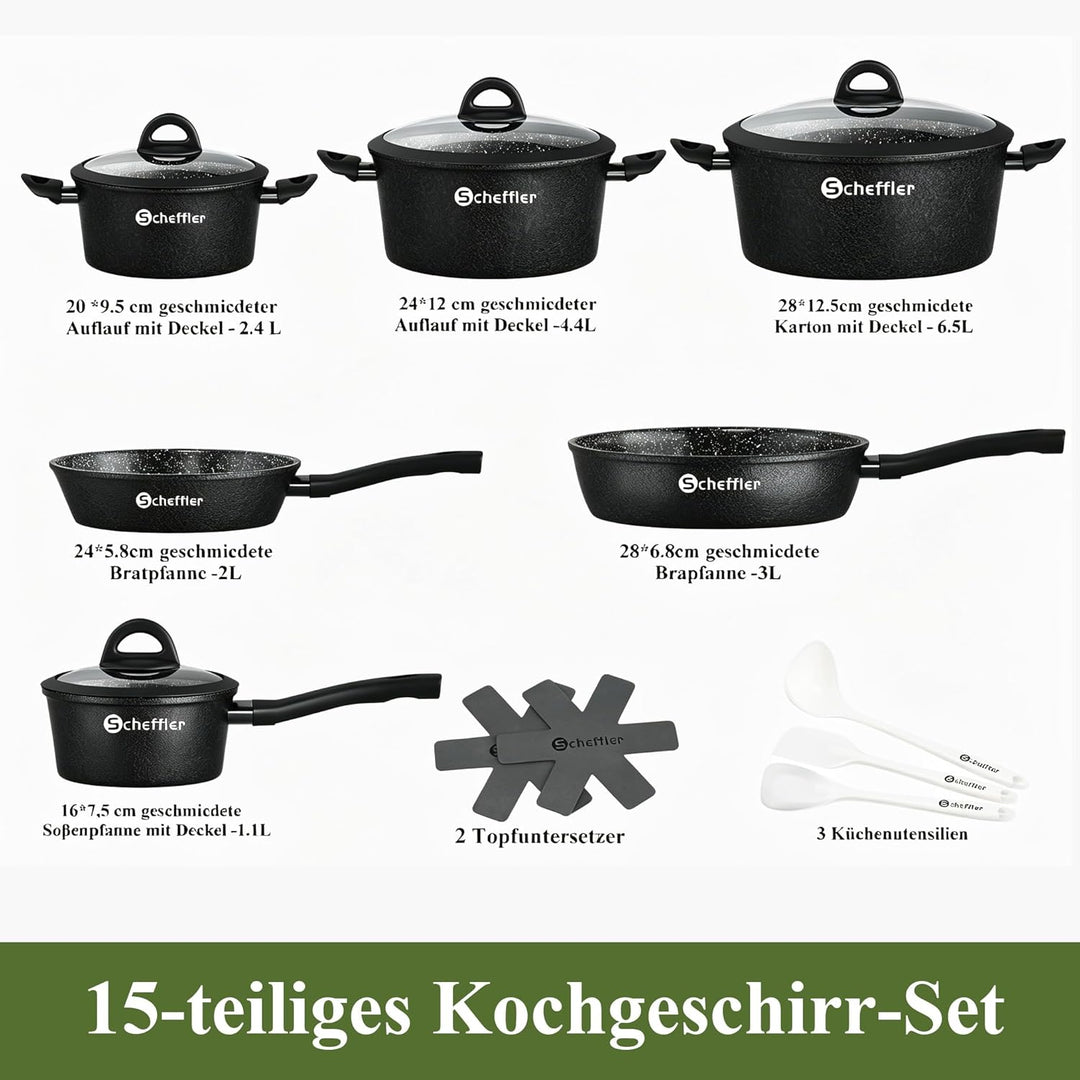 Topfset induktion Scheffler 15tlg Kochtopf Set,Antihaftbeschichtung Induktions Töpfe Set,Topfset Ind