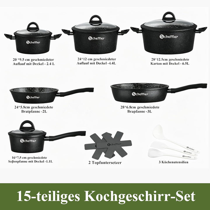 Topfset induktion Scheffler 15tlg Kochtopf Set,Antihaftbeschichtung Induktions Töpfe Set,Topfset Ind