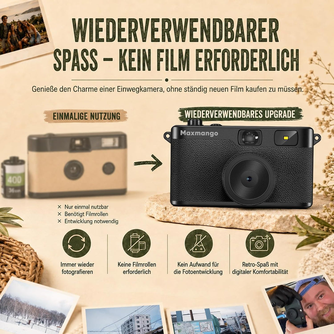 Maxmango D53 Retro Digitalkamera 12 MP ohne Bildschirm,mit 4 Filtern,8GB SD Schwarz, Schwarz
