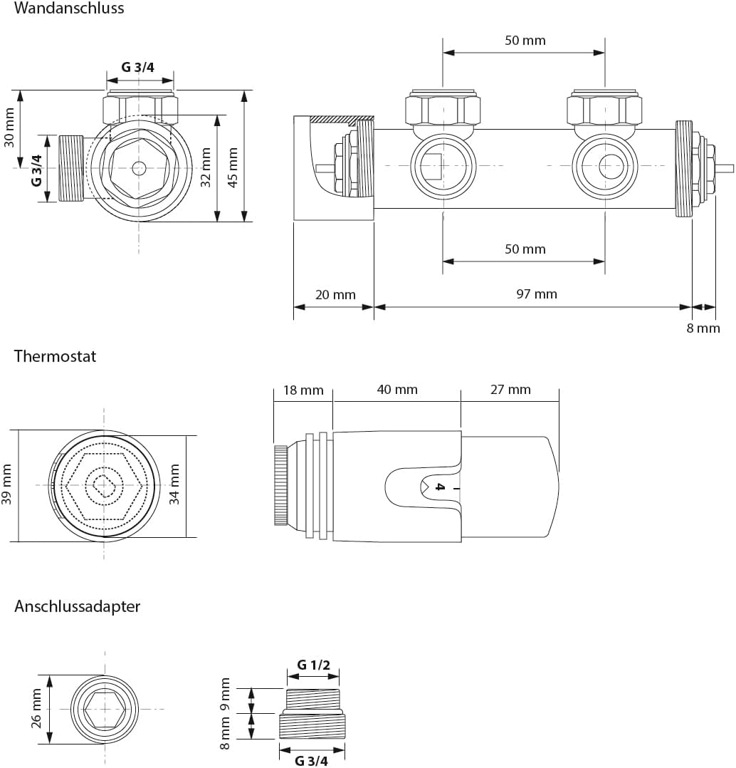 ECD Germany Badheizkörper Mittelanschluss 600 x 1500 mm Anthrazit gerade mit Anschlussgarnitur inkl.