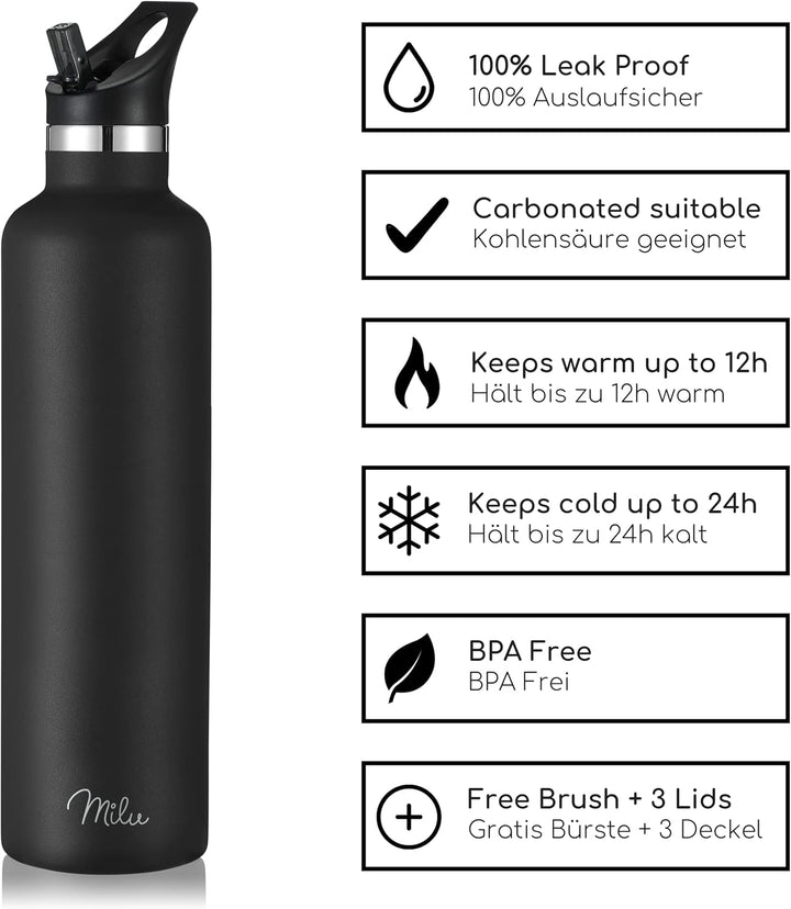 Milu Edelstahl Trinkflasche 350ml 500ml 750ml 1000ml (+3 Deckel) Thermosflasche mit Strohhalm, Isoli