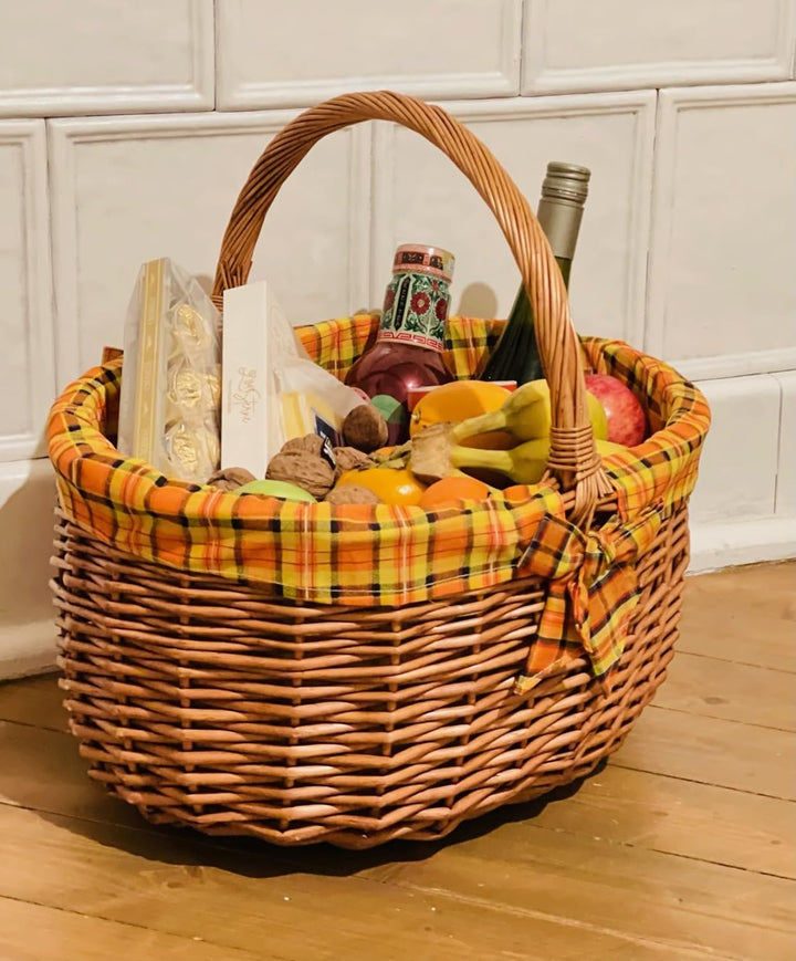 grosser Einkaufskorb aus Weide, mit Karierter Textileinlage, Bügelkorb, Weidenkorb,