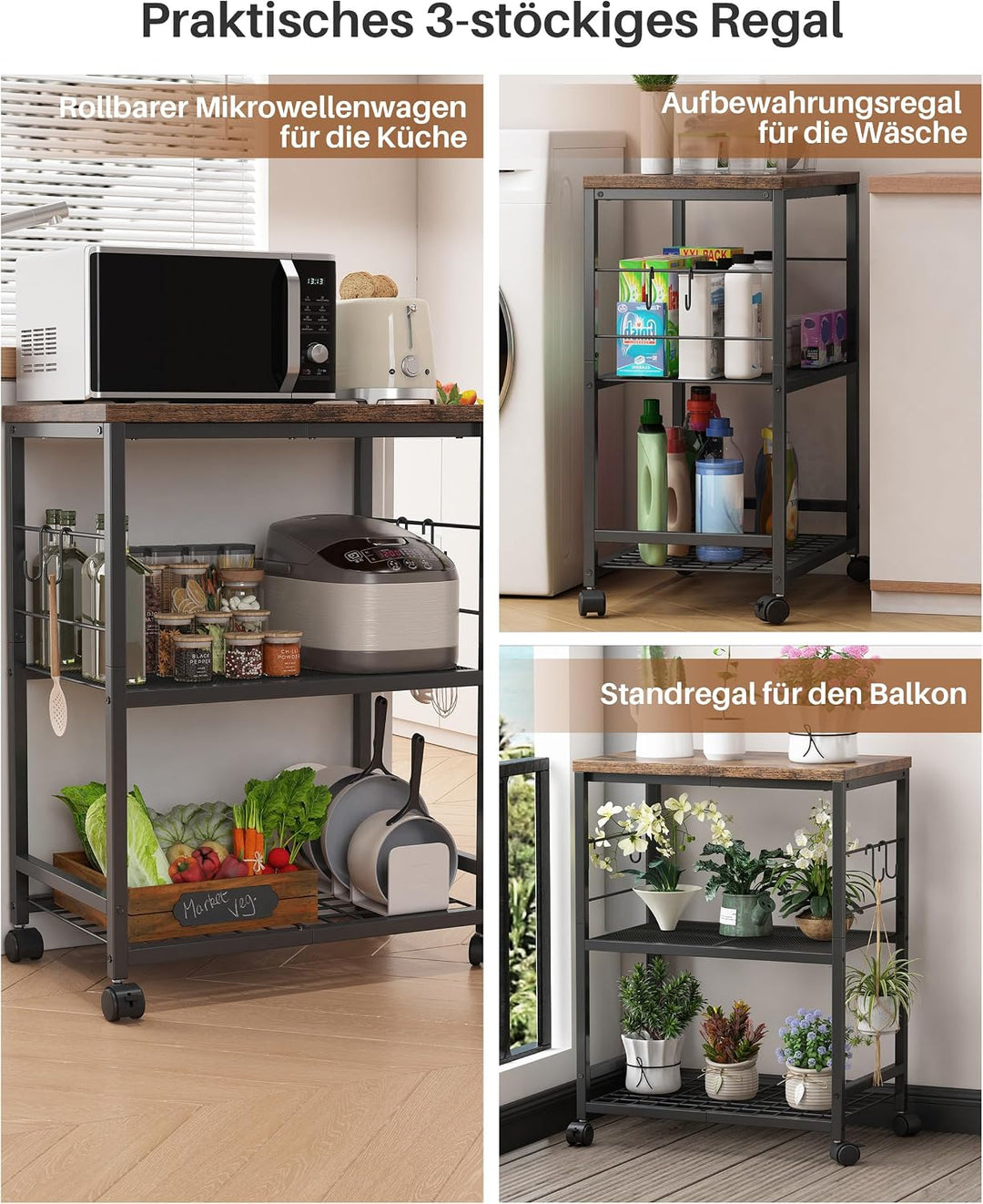 Metall Küchenregal mit Arbeitsplatte, 3 Ebenen Servierwagen mit Rollen für Mini-Backofen, Mikrowelle