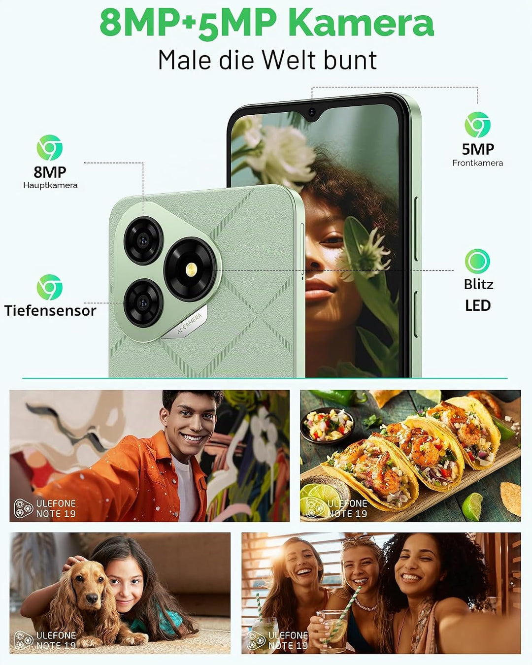 Ulefone Note 19 Handy Android 14, 6GB RAM+64GB ROM/SD-512GB, 6.56" HD+ Octa Core, 5000mAh Akku, 8MP+