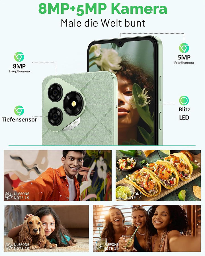 Ulefone Note 19 Handy Android 14, 6GB RAM+64GB ROM/SD-512GB, 6.56" HD+ Octa Core, 5000mAh Akku, 8MP+