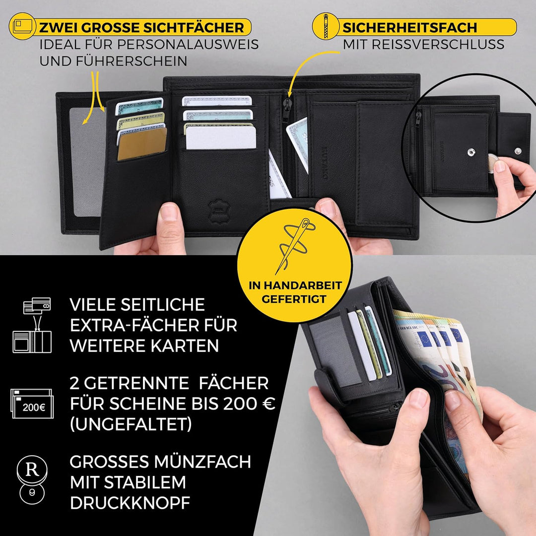 RUTAKO Leder Geldbörse Herren mit RFID Schutz - Portemonnaie Gross mit Münzfach - Echtleder Geldbeut