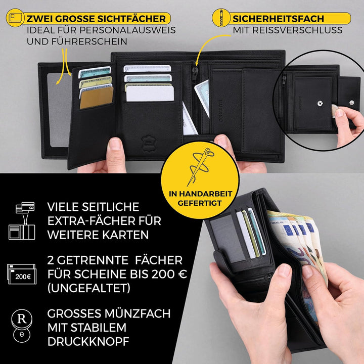 RUTAKO Leder Geldbörse Herren mit RFID Schutz - Portemonnaie Gross mit Münzfach - Echtleder Geldbeut