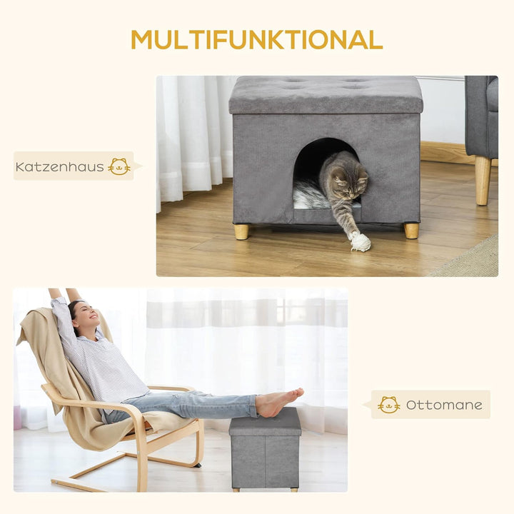 PawHut Katzenhöhle Katzenbett 2-IN-1 Katzenhaus Fusshocker mit Kissen Holzbeine Katzenzelt Haustierh