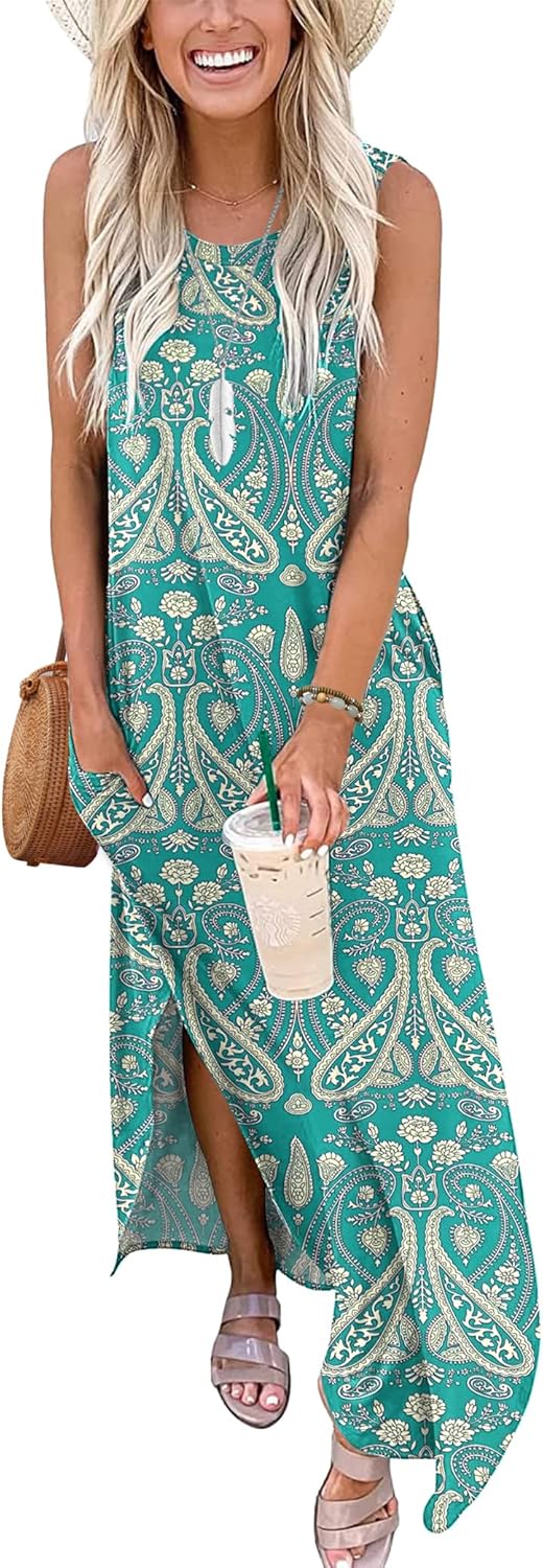 AUSELILY Maxikleider Damen Sommer Ärmellos Strandkleid Lang Kleider S Boho Blumen Grün1, S Boho Blum