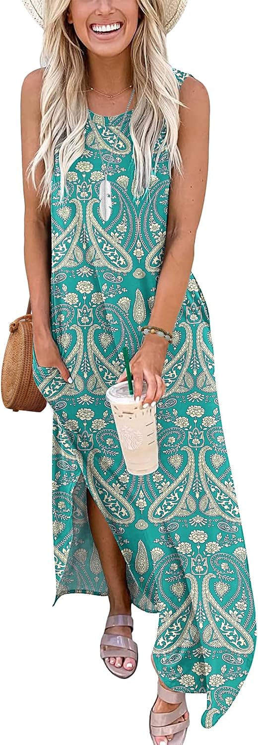 AUSELILY Maxikleider Damen Sommer Ärmellos Strandkleid Lang Kleider S Boho Blumen Grün1, S Boho Blum