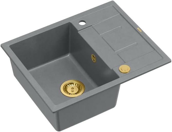 QUADRON Spülbecken Granitspüle | Grösse 62 x 50 x 22 cm, Farbe: Grau & Golden | MORGAN 116 Granit Kü