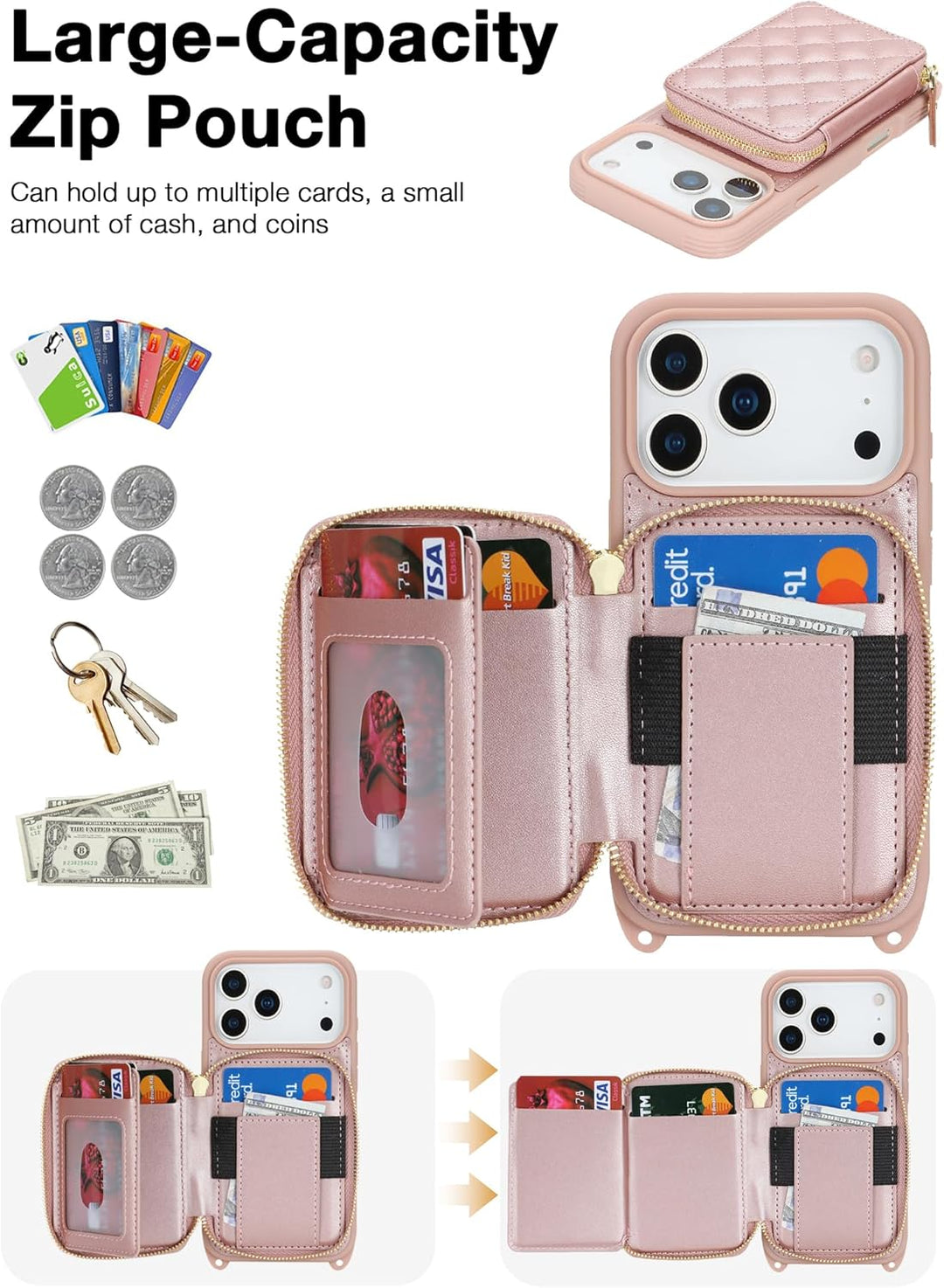 ELTEKER Handyhülle für iPhone 17 Pro Hülle mit Band Verstellbarem Schultergurt, Reissverschluss Geld