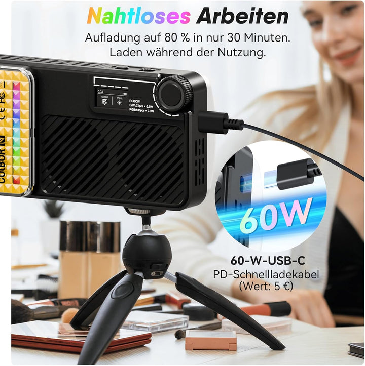 Moman Kleines LED-Kameralicht 40W, Full RGB Videoleuchten mit Diffusor, APP-Steuerung, 2500-9000K, C