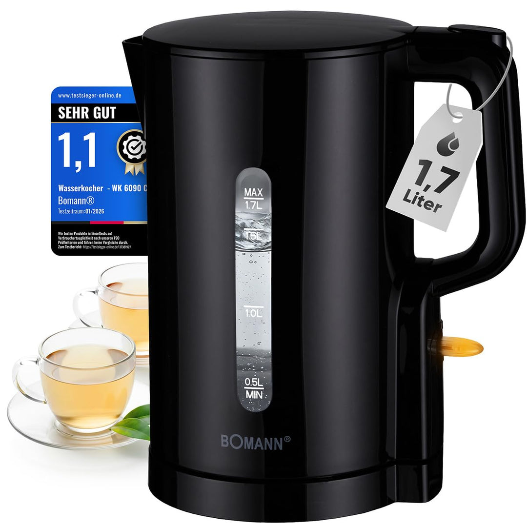 Bomann Wasserkocher 1,7L | 2200W für schnelles Erhitzen | BPA frei | Einhandbedienung | Wasserstands