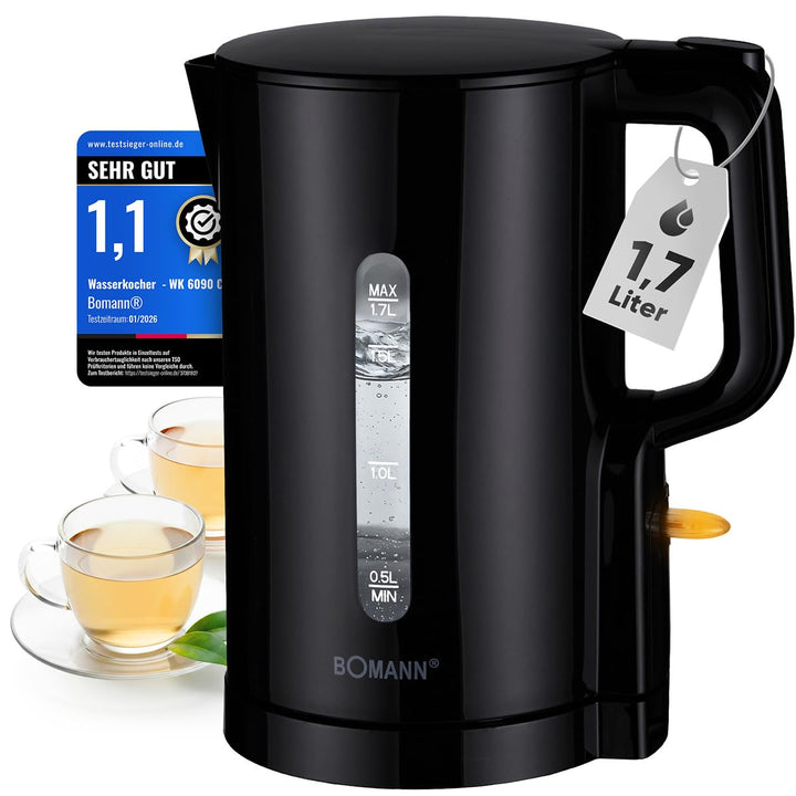 Bomann Wasserkocher 1,7L | 2200W für schnelles Erhitzen | BPA frei | Einhandbedienung | Wasserstands
