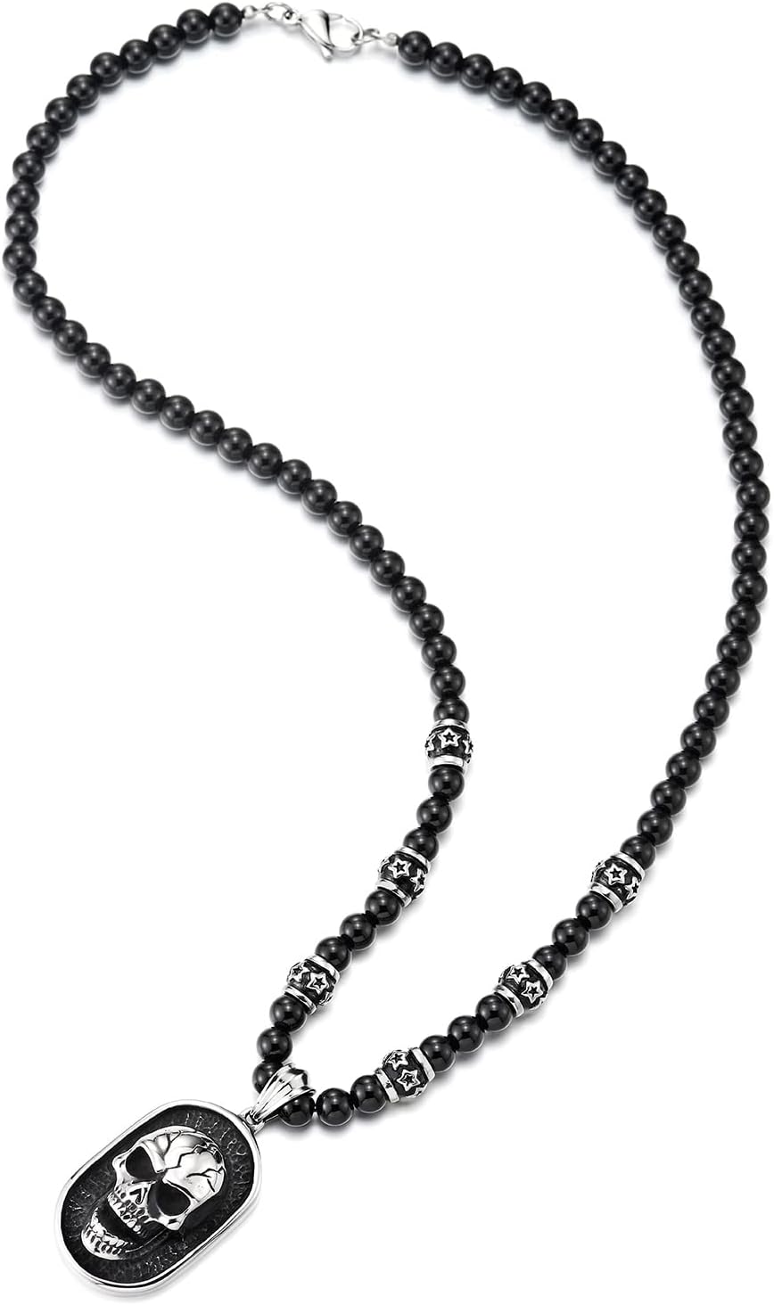 COOLSTEELANDBEYOND Gothic-Stil Herren Schwarze Onyx-Perlen Halskette, Edelstahl Geschwärzte Dog Tag