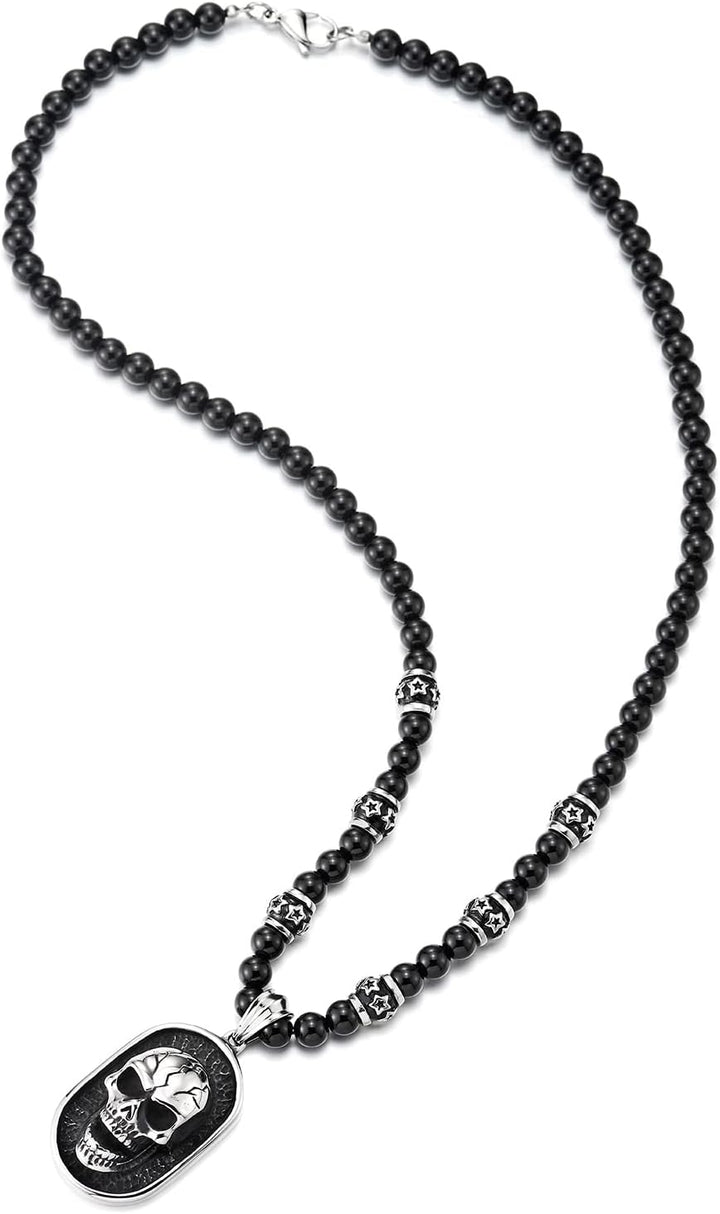 COOLSTEELANDBEYOND Gothic-Stil Herren Schwarze Onyx-Perlen Halskette, Edelstahl Geschwärzte Dog Tag
