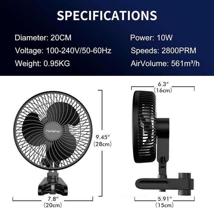 FanGoFast Grow Ventilator mit Clip EC-Motor, 10 Geschwindigkeitsstufen, Grow Clip-Ventilator Klemmba