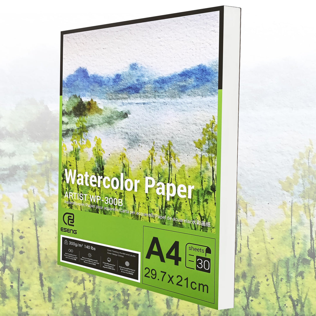 ESENG® Premium Aquarellpapier DIN A4, 100% Baumwolle - 30x Blätte - 300GSM - Weiss, Aquarellblock, M
