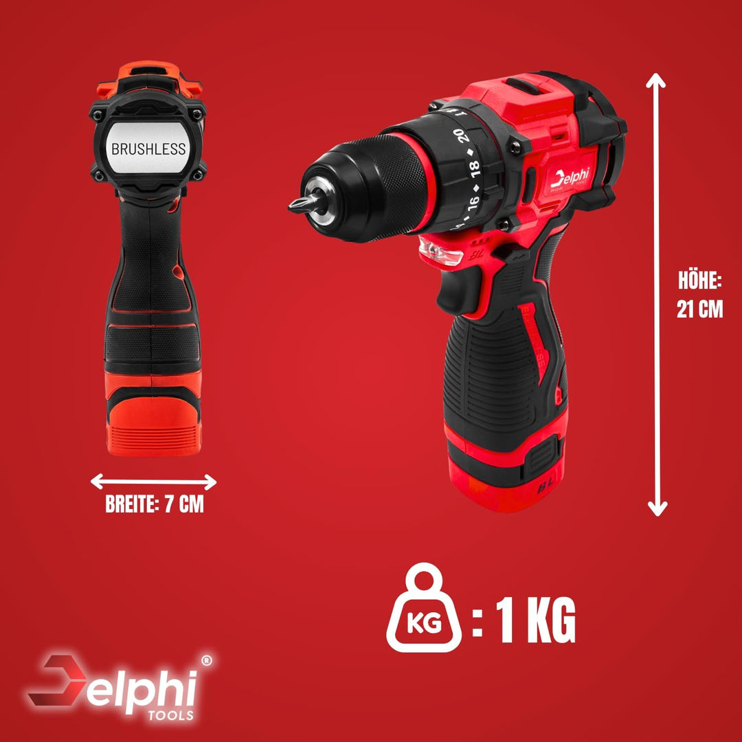 Delphi Akkuschrauber 16,8V bürstenlos mit 2x 1500mAh Akku und Led Arbeitslicht, 50Nm Drehmoment, 24