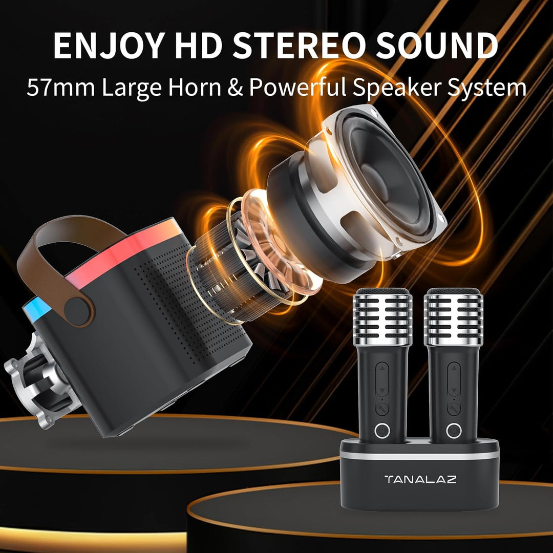 Karaoke-Maschine mit 2 drahtlosen Mikrofonen & Mikrofonbasis, Mini-Bluetooth-Singlautsprecher mit LE