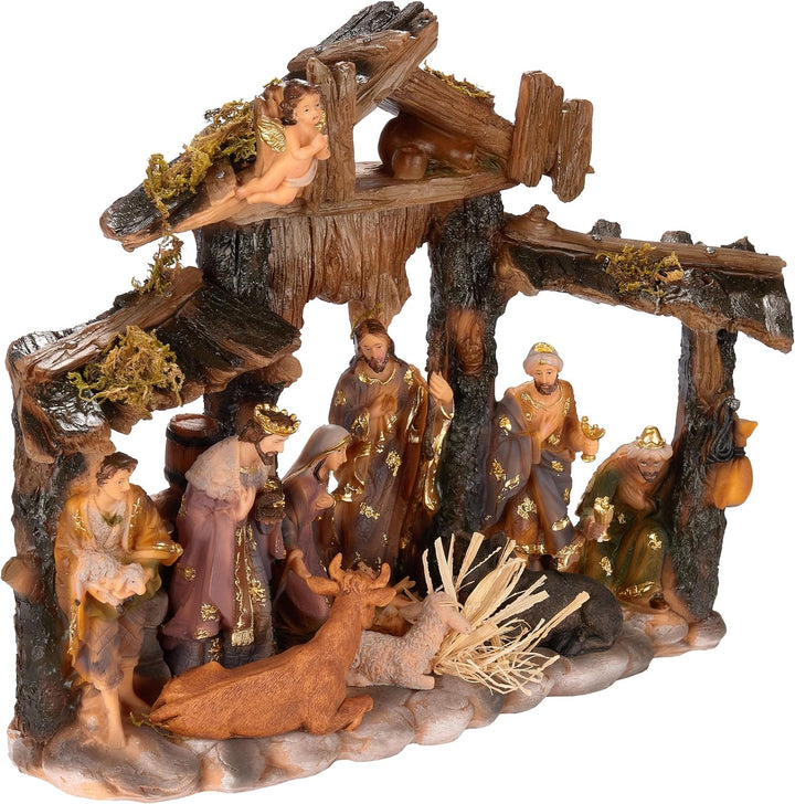 BRUBAKER Weihnachtskrippe - 34 cm Tischkrippe Weihnachtsfigur mit handbemalten Figuren Jesus, Maria,