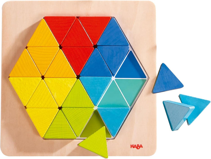 HABA 301703 - Legespiel Zauberdreiecke, Mit 36 Dreicken und 6 doppelseitig bedruckten Vorlagenblätte