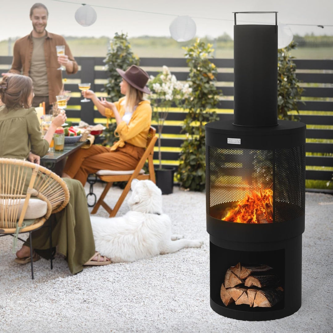 ML-Design Gartenkamin mit Schornstein, 131x45 cm rund, Stahl, Outdoor Gartenofen, Terrassenofen mit