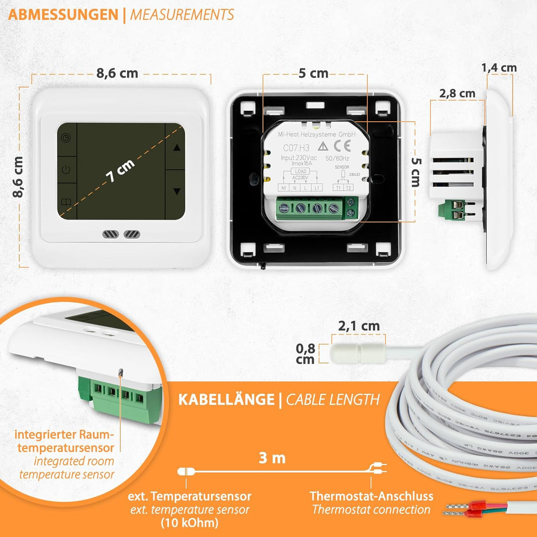 Digital Thermostat H3 + Touch-Screen Unterputz mit Fühler für Fussbodenheizung Weiss