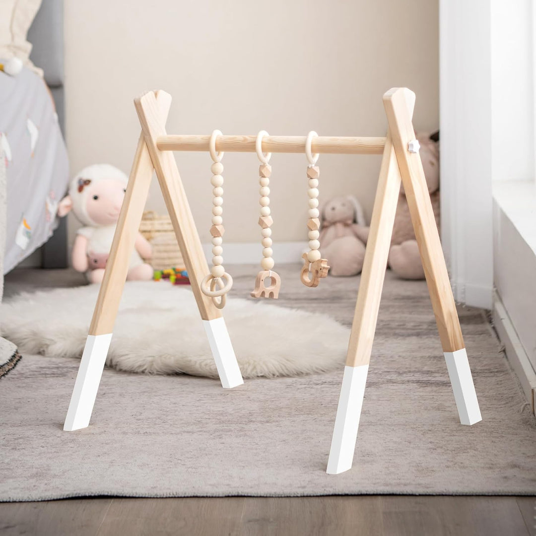 COSTWAY Baby Spielbogen Holz, Spieltrapez klappbar, Baby Gym mit 3 abnehmbaren Kinderspielzeugen, Sp