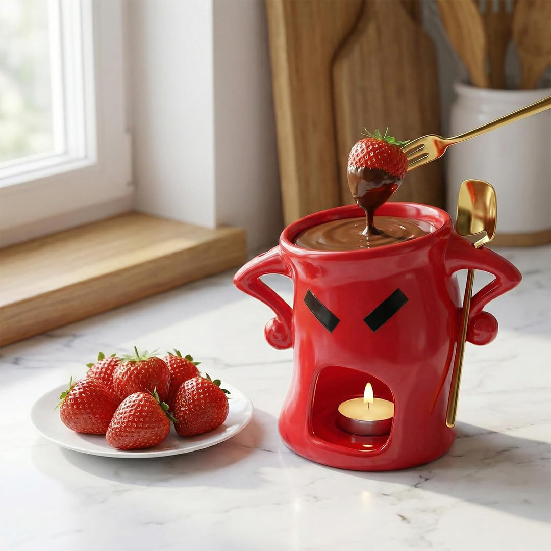 Schokofondue Tasse - Keramik Schokoladenfondue Set mit Löffel und Gabel, Einzigartiges Design mit Ha