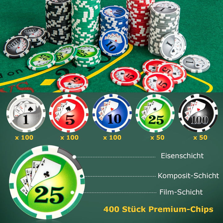DREAMADE Pokerkoffer mit 400 Pokerchips &amp; Spielmatte &amp; Dealer-Button &amp; 2 Kartendecks &amp; 5 Würfel, Kom