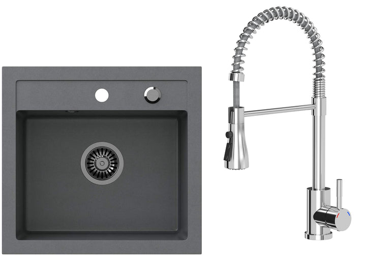 VBChome Spülbecken mit Armatur 50 x 47 cm Grau Spüle Einzelbecken Küche Einbauspüle Verbundspüle Küc