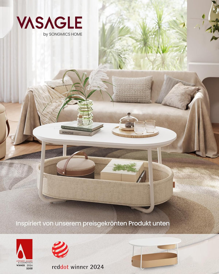 VASAGLE Couchtisch oval, Tisch mit Stauraum, Beistelltisch, Wohnzimmertisch mit Korb aus Stoff, mode