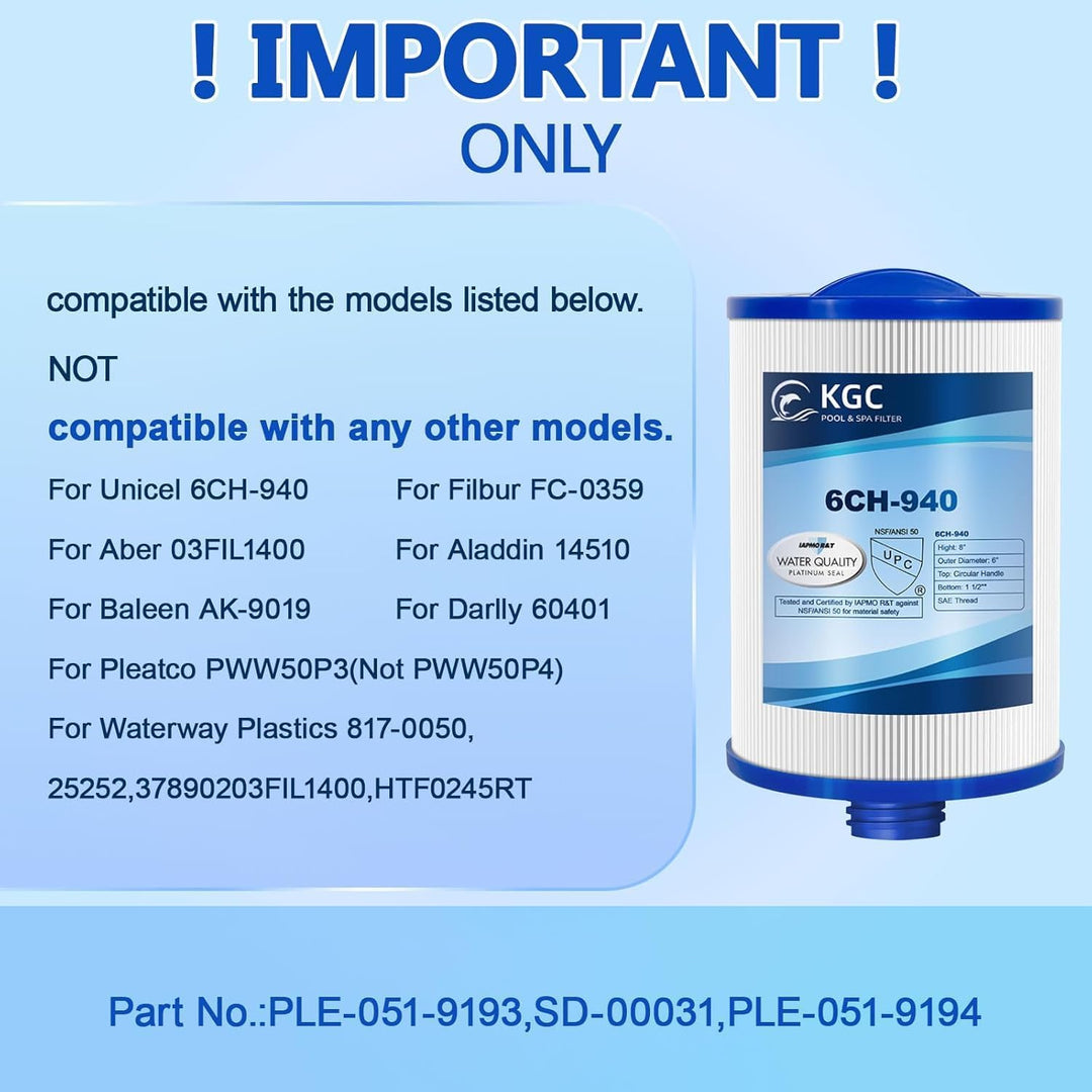 KGC Spa Filter 6CH-940 für Whirlpool, 2 Stück Ersatz für Pleatco PWW50P3 (1 1/2" SAE Grobgewinde), U