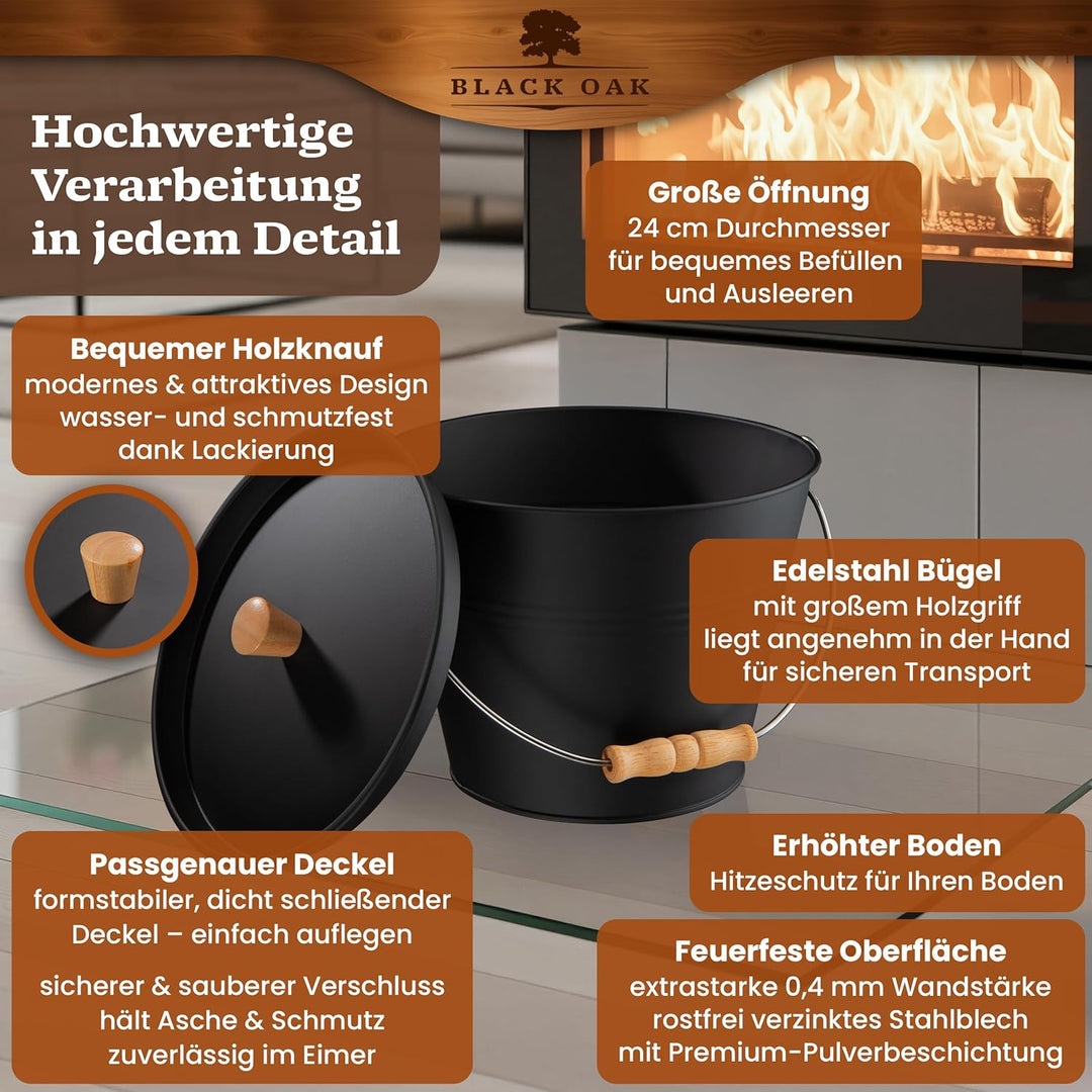 BLACK OAK Ascheeimer PAGO 5L - schwarz mit Deckel & Holz-Griff + Handschuhen - 5L gross Stahl feuerf