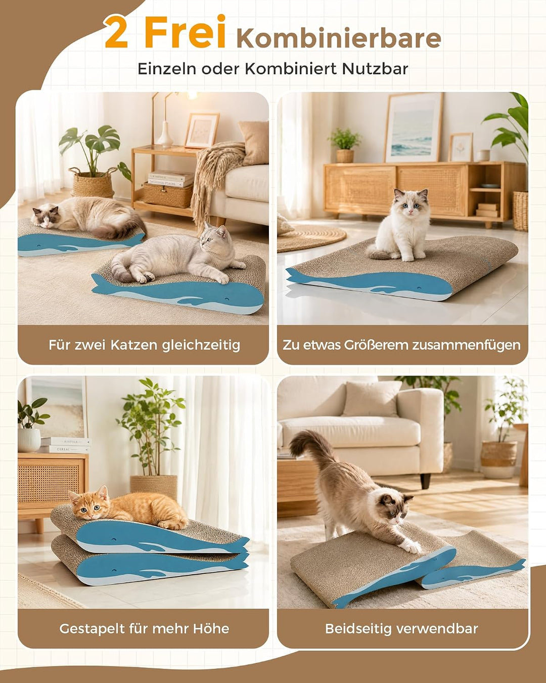 Kratzbrett Katze 2er-Set, Gebogenes Doppelseitig Nutzbare Kratzpappe für Katzen, 42x30x6,5cm grosses