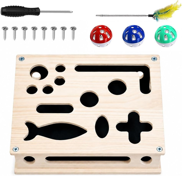 2 in 1 Katzen Kratzpuzzle Box, Beschäftigungsbox Krallenfeile mit 3 Glockenbällen, Katzen Krallenpfl