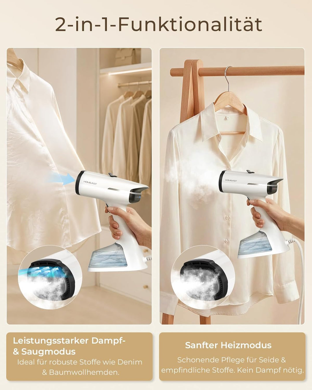 HOMEASY Dampfglätter mit Saugfunktion für Kleidung 6000Pa Vakuum Technologie 25s Schnellaufheizung 2
