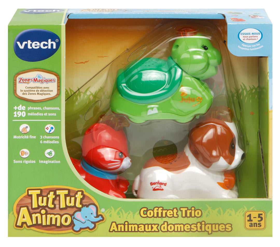 VTech - TUT TUT Animo, Trio-Box, 3 interaktive rollende Tiere, Katze, Schildkröte und Berghund, musi