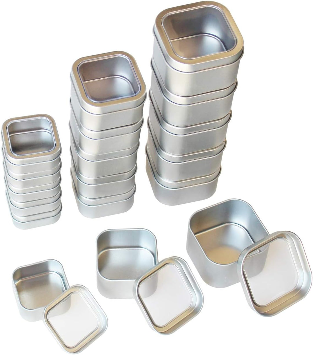 18-Pack Leere quadratische Silber Metalldosen mit klarem Fenster für Kerzenherstellung, Süssigkeiten