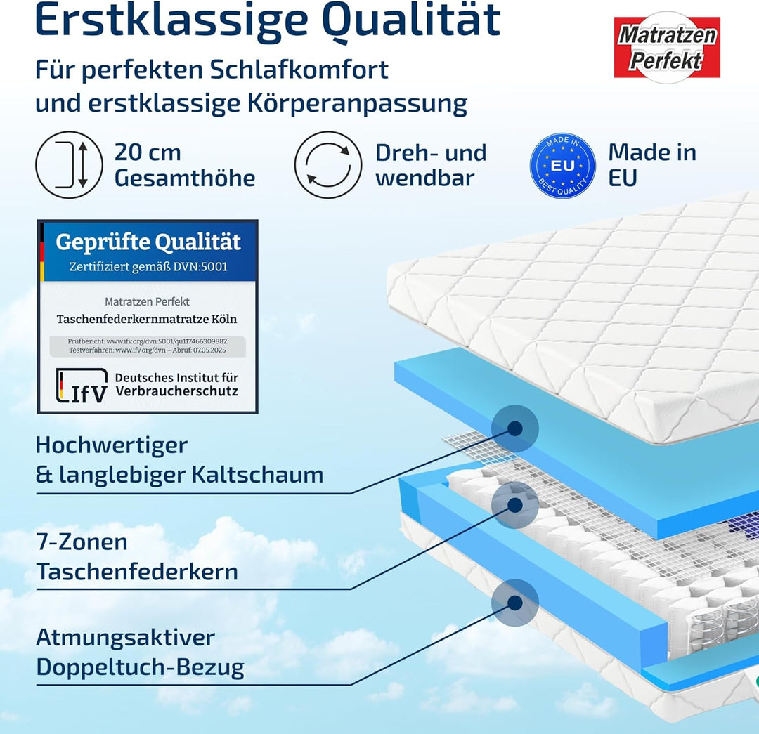 Matratzen Perfekt 7-Zonen Taschenfederkernmatratze Köln, 80 x 200 cm – Taschenfederkern-Matratze mit