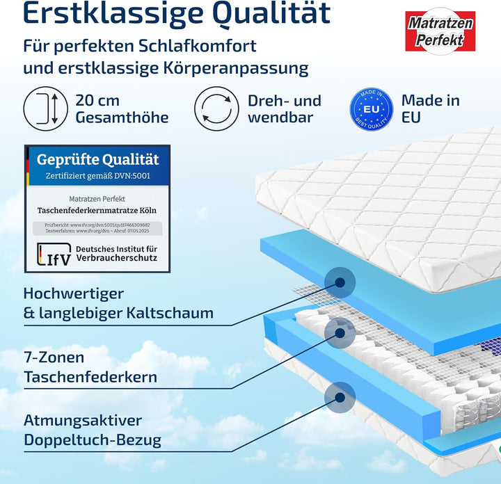 Matratzen Perfekt 7-Zonen Taschenfederkernmatratze Köln, 80 x 200 cm – Taschenfederkern-Matratze mit