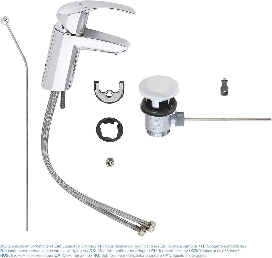 GROHE Eurosmart - Einhand-Waschtischarmatur für das Bad (S-Size, mit Zugstange, Ablaufgarnitur, Temp