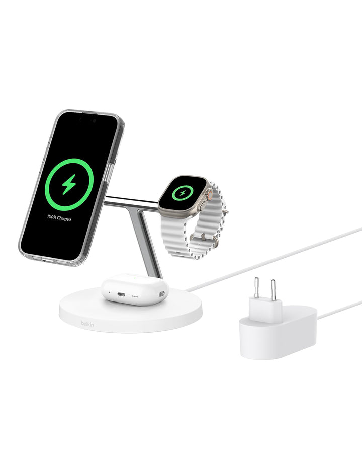Belkin BoostCharge Pro 3-in-1 Qi2 Kabelloses Ladegerät, MagSafe-Kompatibles Ladegerät, Induktive Lad