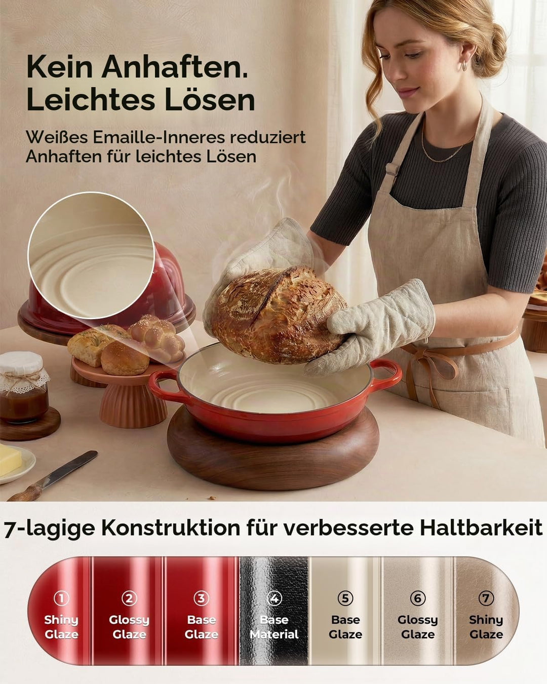 Gusseisen Topf Brot Backen, 4,7L Bräter Emaille Schmortopf mit Deckel und Griffen, 24 cm Dutch Oven,